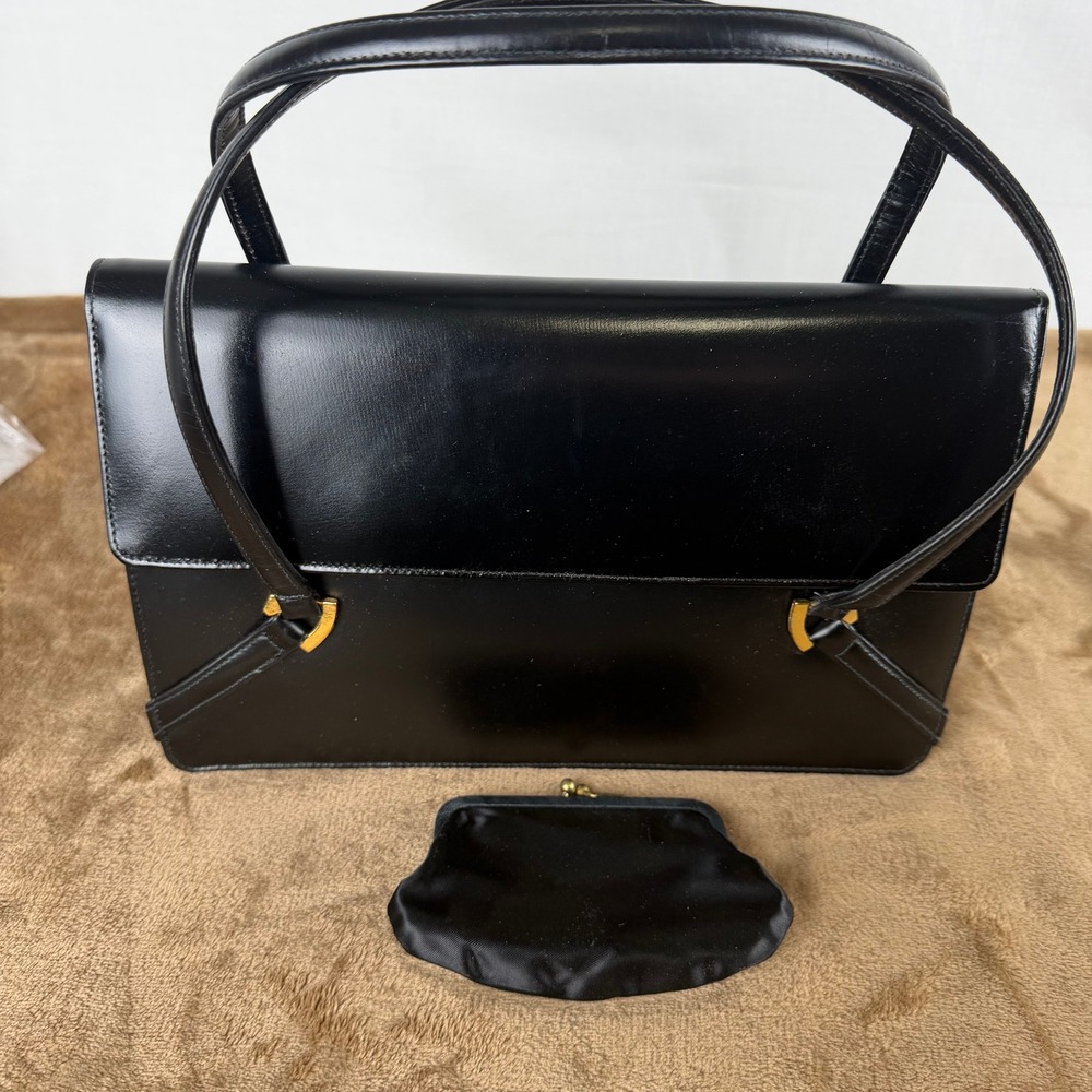 Vintage Lennox Bags Black Leather Handbag Gold Hardware with Coin Purse Dust Bag - Picture 3 of 11